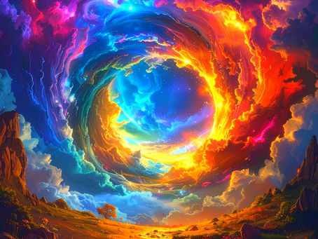 A vibrant cosmic swirl depicts the mystical Rahu-Ketu Sun Portal, illuminating the landscape with celestial hues and symbolizing the intricate dance of Vedic astrology.