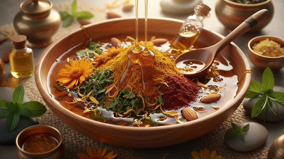 Close-up view of a bowl with Ayurvedic herbs and oils