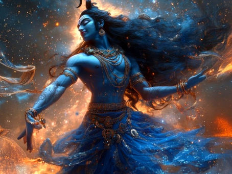 Shiva gracefully dances in a cosmic setting, wearing ornate golden jewelry