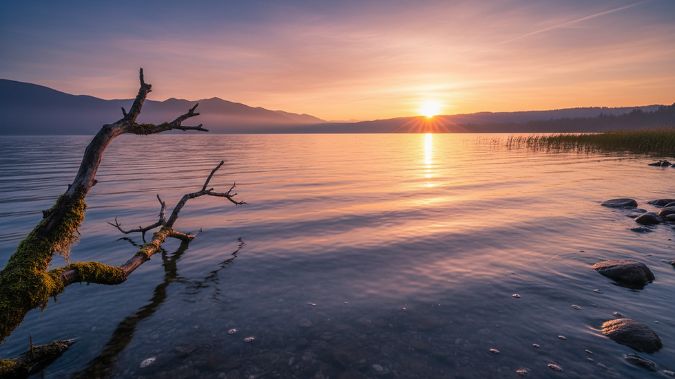 Eye-level view of a serene sunrise over a calm lake