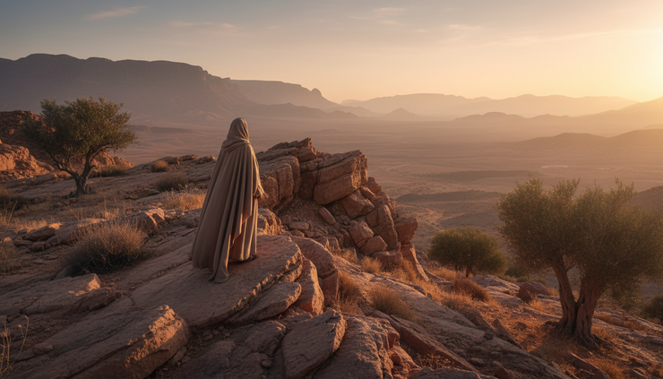 Wide-angle view of a solitary figure standing before a desert horizon at dawn