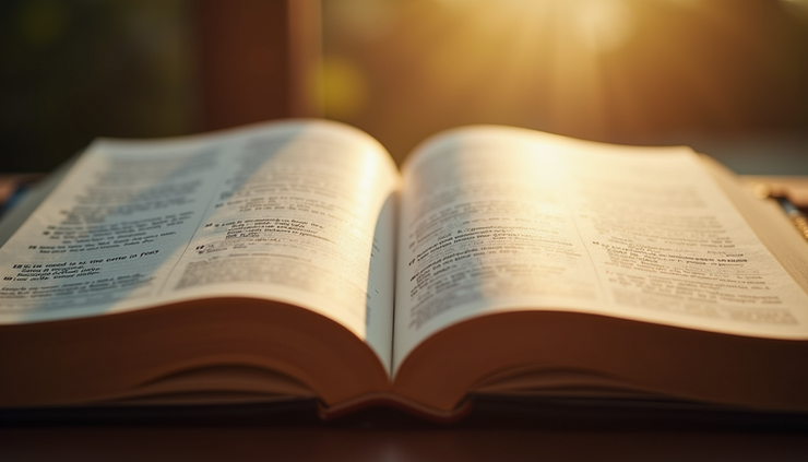Close-up view of an open Bible with soft sunlight illuminating the pages
