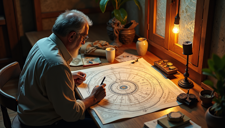 High angle view of a traditional Vedic astrology practitioner studying planetary charts