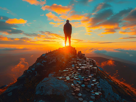 Silhouette of a person standing on a mountain of coins at sunset.