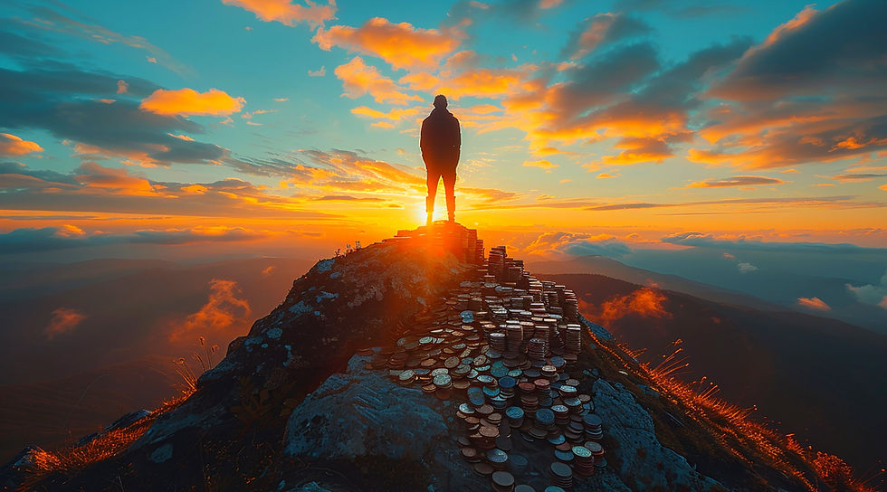 Silhouette of a person standing on a mountain of coins at sunset.
