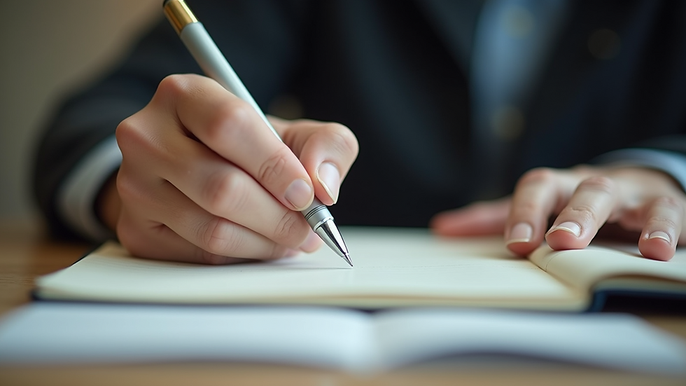 Close-up view of a person journaling with a pen and notebook
