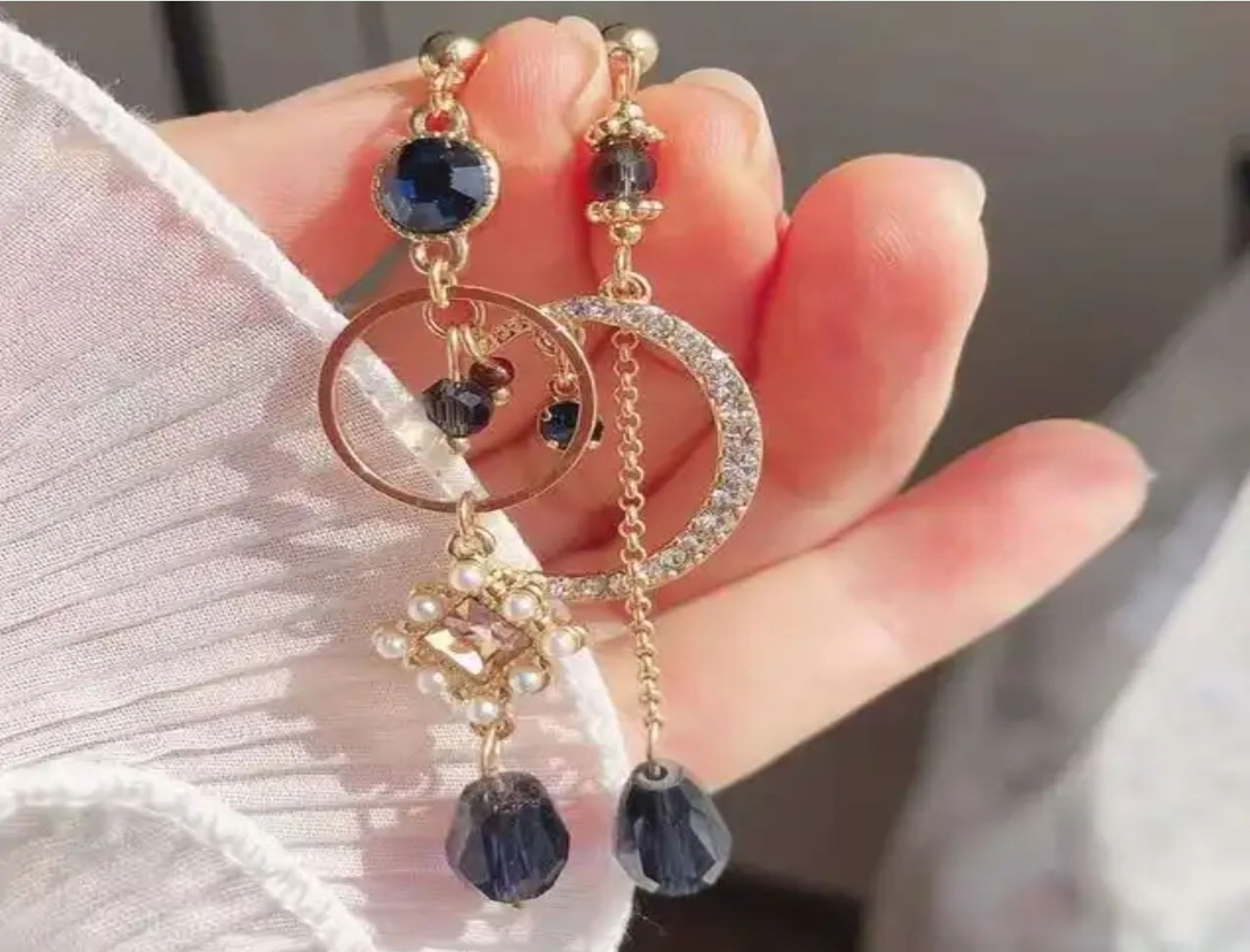 Crystal Tassel Earring Asymmetric Star Moon Earring