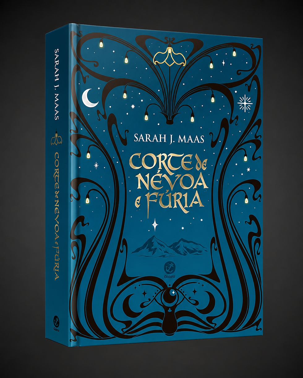 Capa azul do livro Corte de Nevoa e Fúria, de Sarah J. Maas, com estrelas, lua e arabescos dourados.
