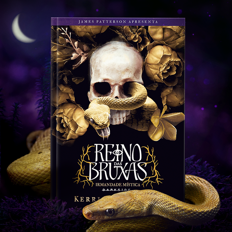 Capa do livro Reino das Bruxas: Irmandade Mística, de Kerri Maniscalco, publicado pela DarkSide Books, com caveira, cobra dourada e flores escuras.
