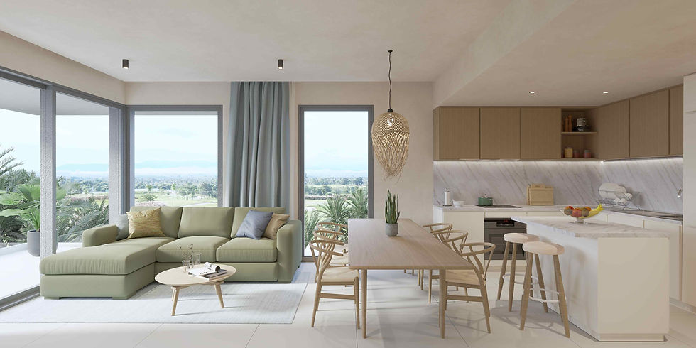 Interior de apartamento en Palmira Golf, con diseño cálido, espacios integrados y vista hacia el entorno verde de Cap Cana.