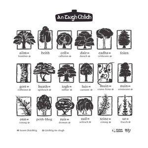 Illustration showing various trees and flora to demonstrate the Scottish Gaelic alphabet. The illustrations are small rectangles with the trees in the middle and imitate Lino cut prints.