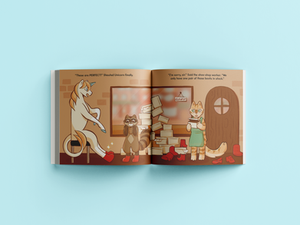 Open page spread of a children's book. Unicorn sits on a stool excited by the boots he's wearing on his back hooves. Raccoon is smiling in excitement. The shoe shop is a mess. The shoe shop worker looks exhausted, telling the happy pair there is only one pair of those boots in stock.
