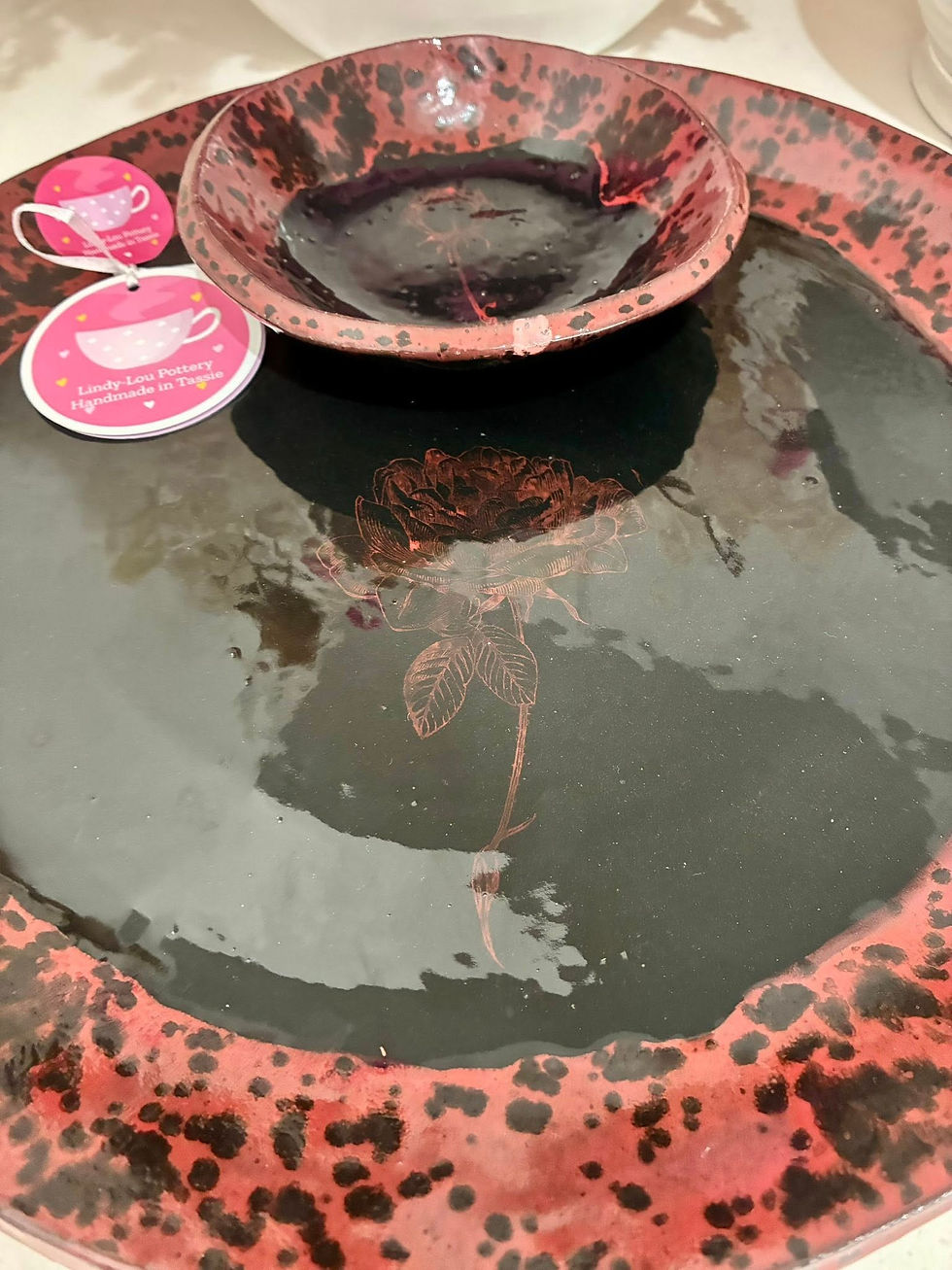 Thumbnail: Red Rose - Large Round Platter with attached Dip Bowl