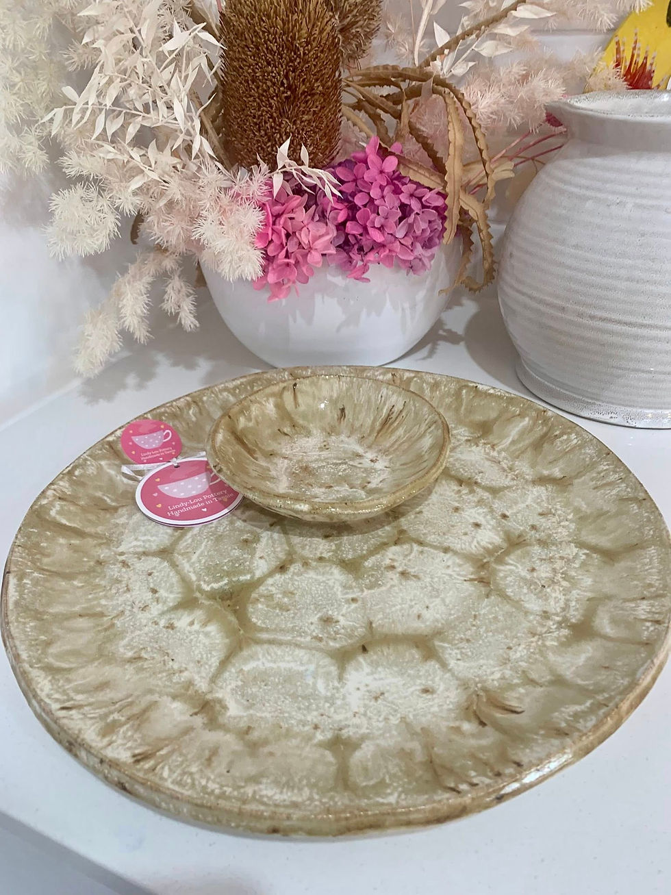 Thumbnail: Ancient Copper Frozen Pond Large Round Platter with attached Dip Bowl