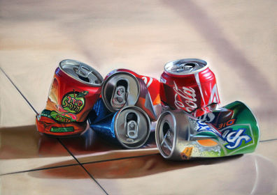 Realistisk tegning av brusbokser kunst av Merethe Torbergsen