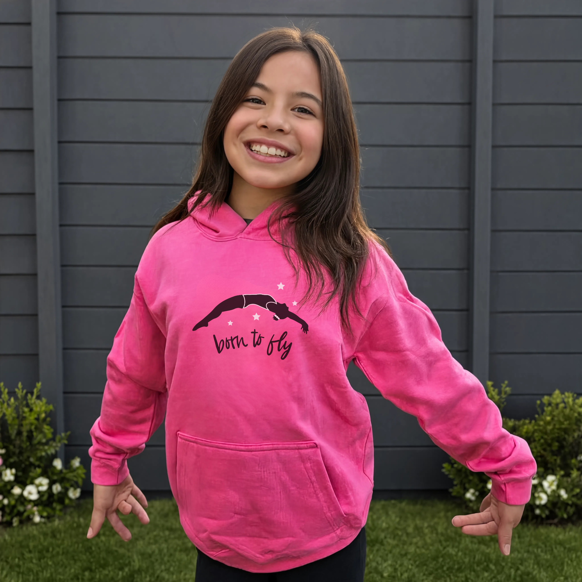 Gymnast wearing Grey Aim High Girls Gymnastics Hoodie