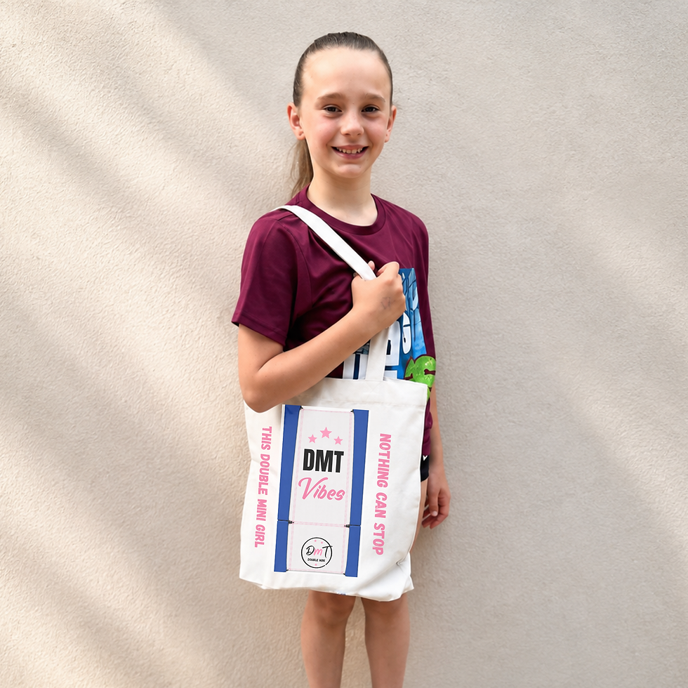 Gymnast with The DMT Vibes Bag, Double mini trampoline gymnastics tote bag in cream