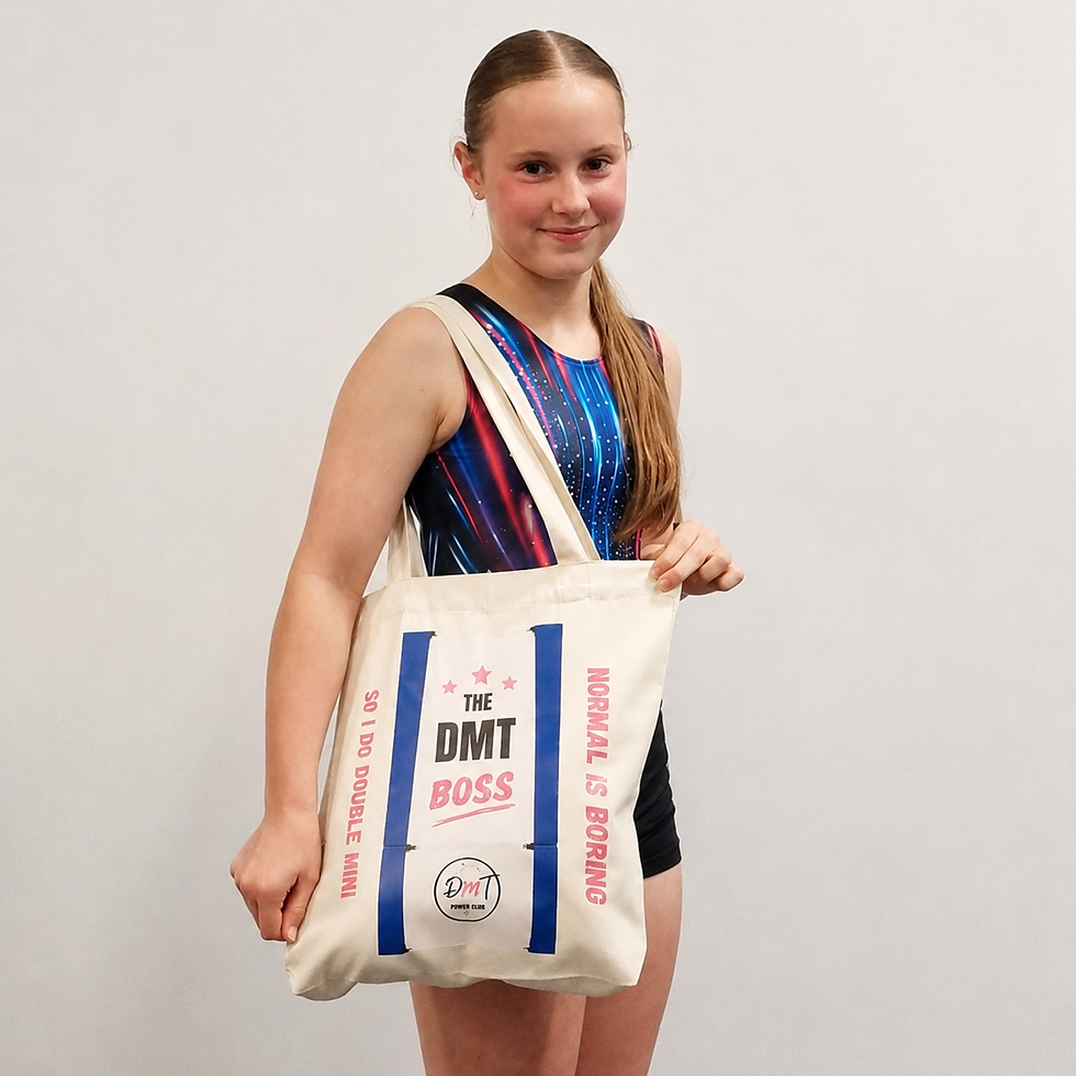 Gymnast with The DMT Boss Bag, Double mini trampoline gymnastics tote bag in cream