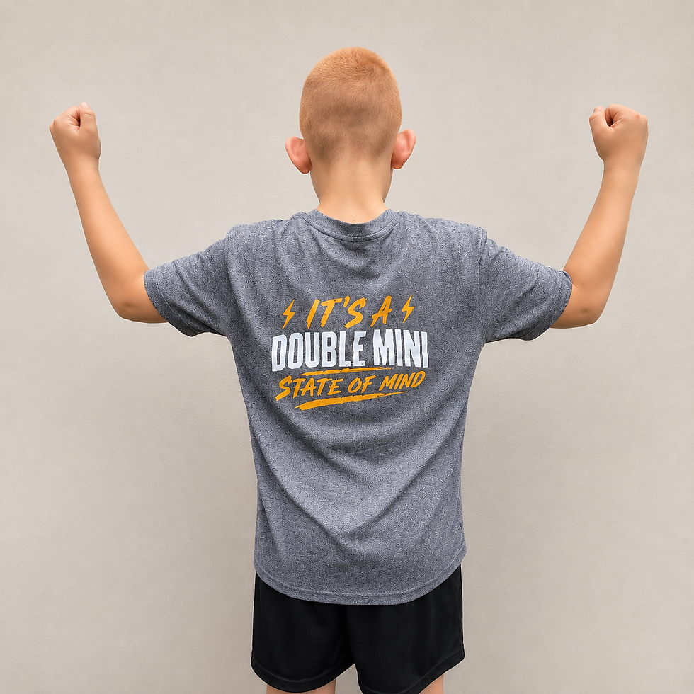 Boy wearing Charcoal Its a Double Mini State of Mind DMT Gymnastics T-Shirt - back view