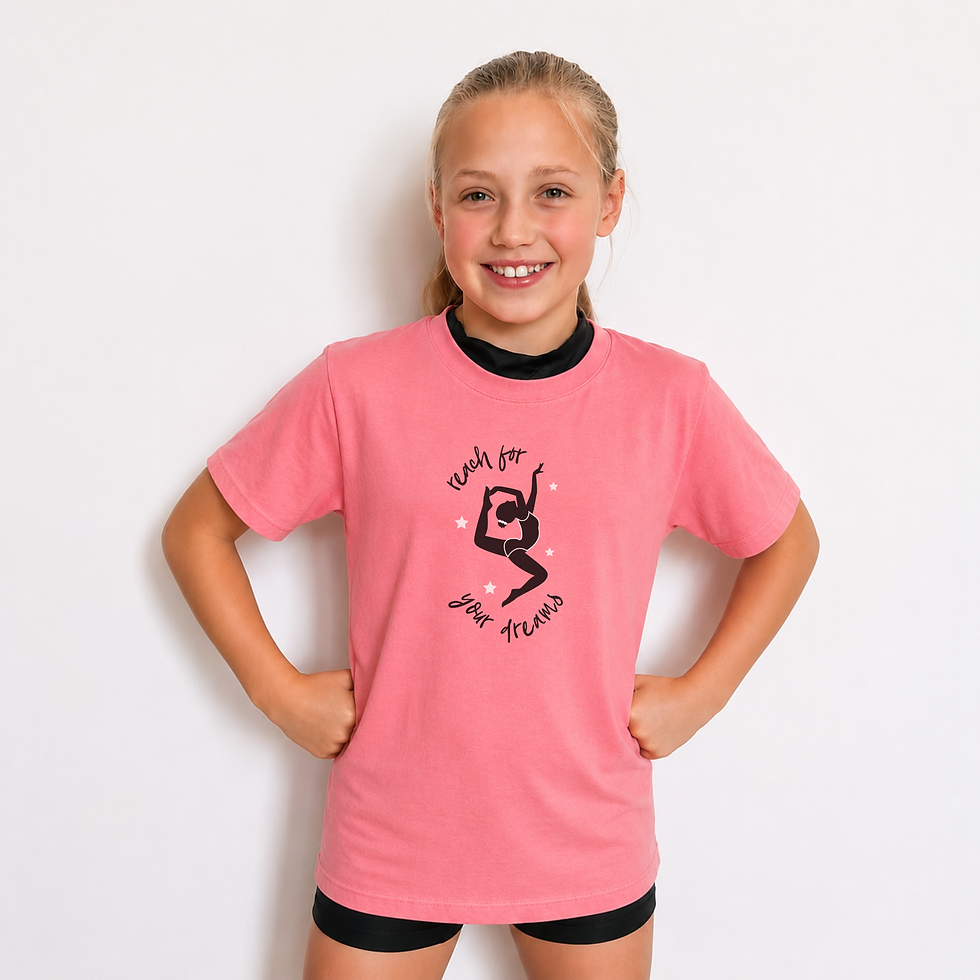 Gymnast wearing pink Reach for your Dreams Girls Gymnastics T-shirt