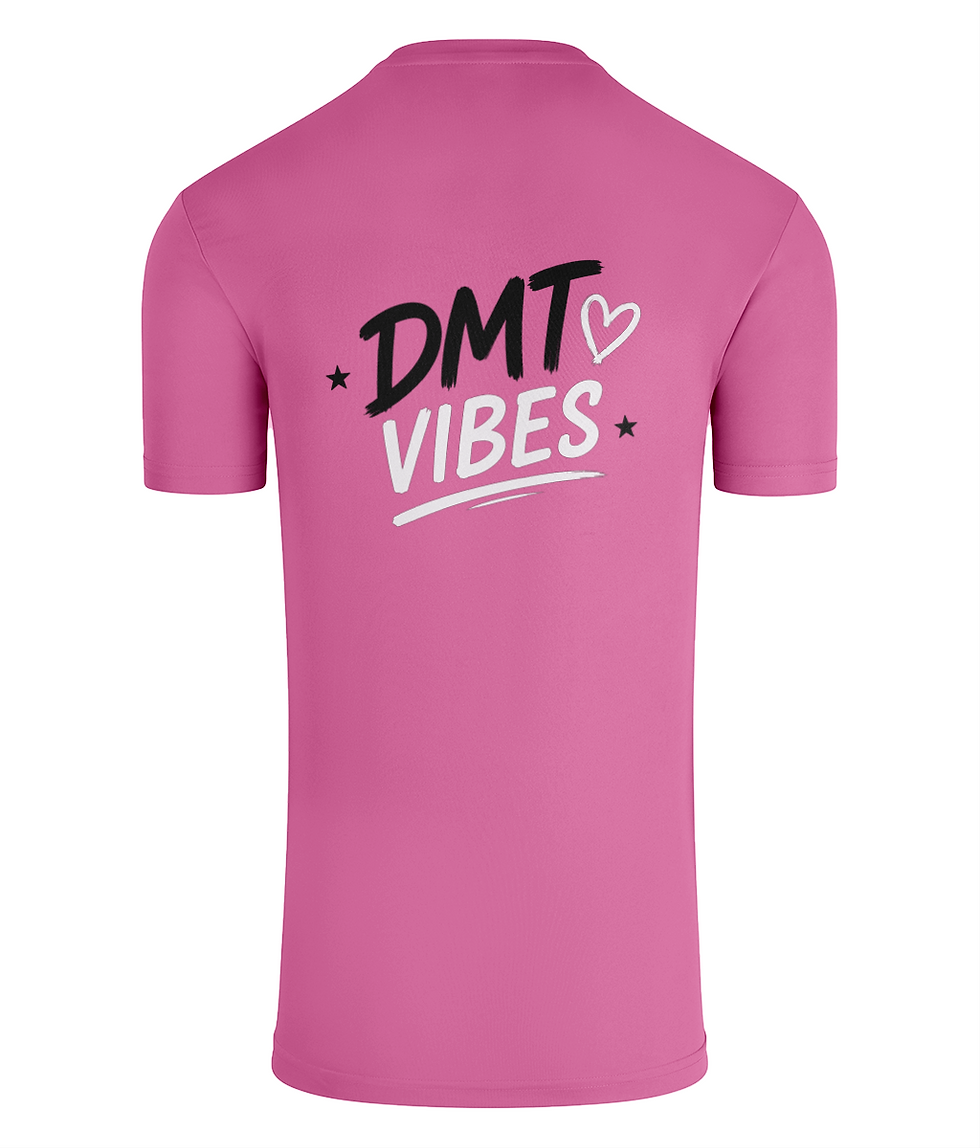 DMT Vibes, back of pink Double Mini Trampoline Gymnastics T-shirt