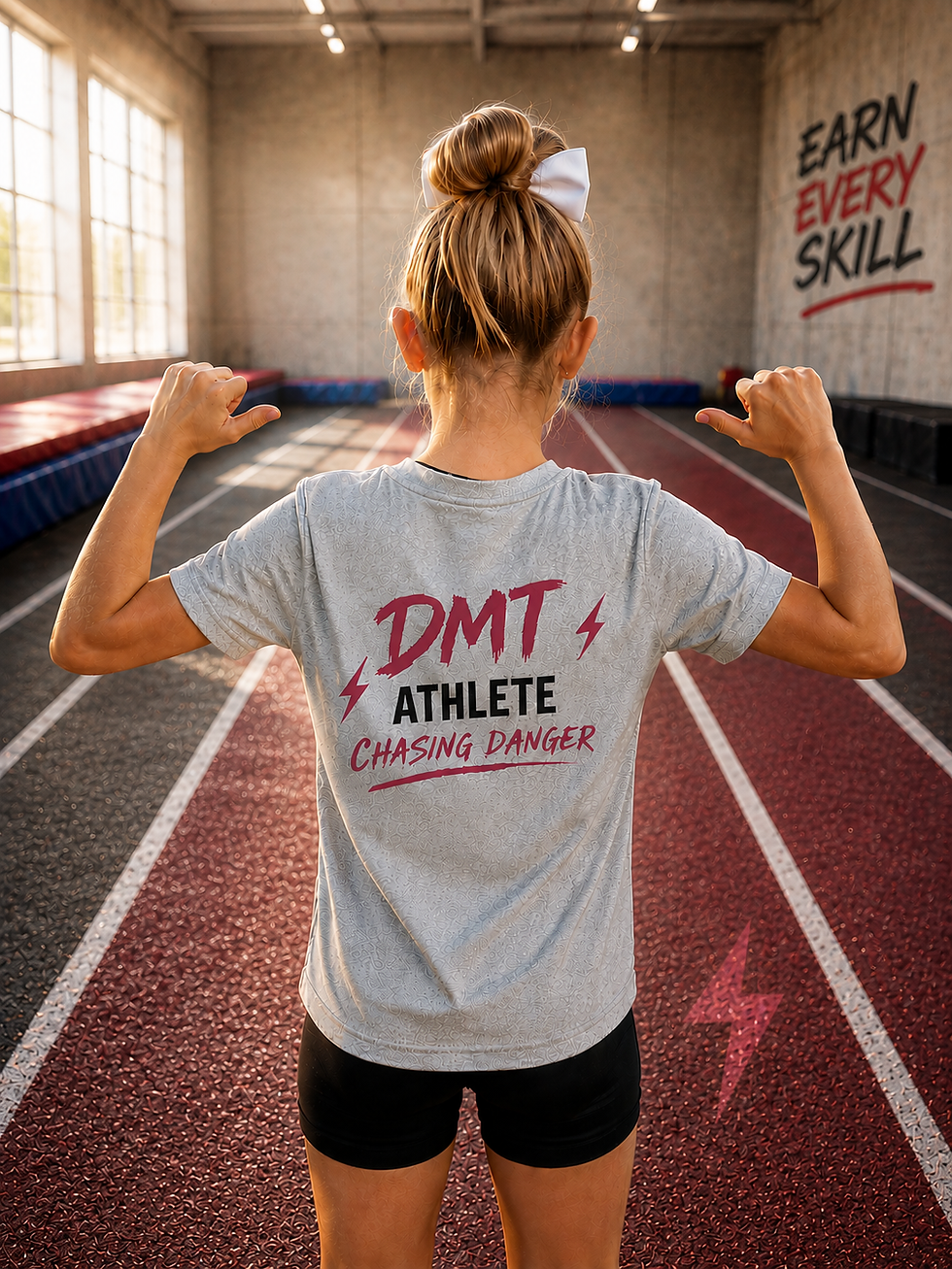 Gymnasts wearing DMT Atlete Chaing Danger Double Mini Gymnastics performance T-shirt in silver