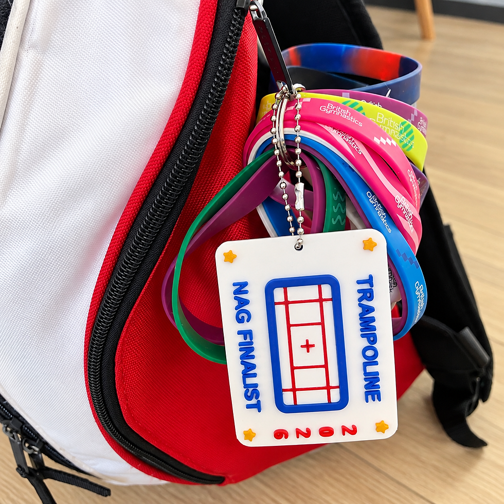 Trampoline NAG Finalist Bag Tag on a rucksack