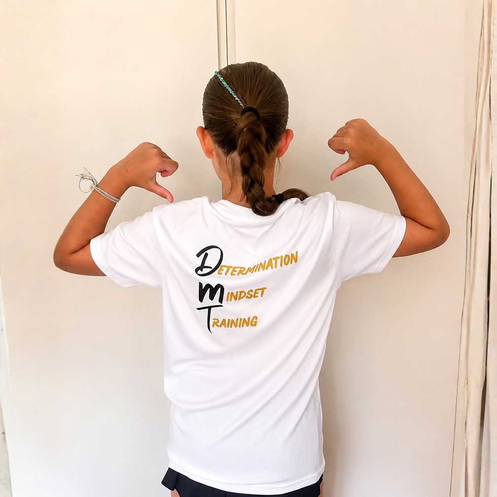 Girl wearing White Determination, Training, Mindset DMT Gymnastics T-shirt