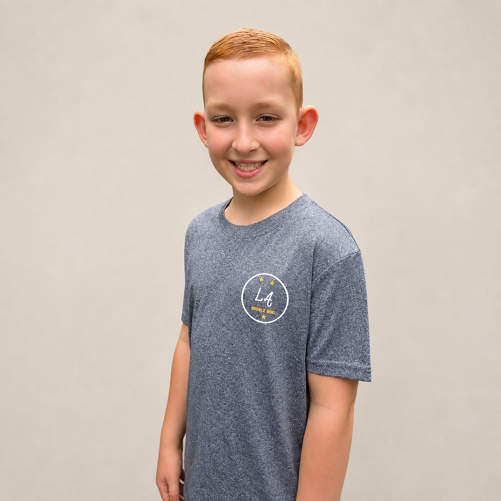 Boy wearing Charcoal Its a Double Mini State of Mind DMT Gymnastics T-Shirt - front view showing personalisation