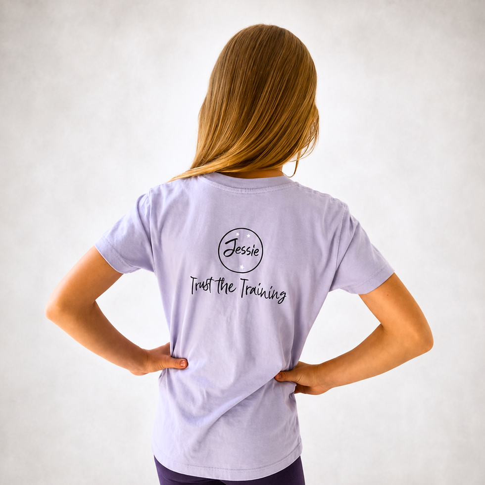 Thumbnail: Gymnast wearing lilac dance with Dreams Girls Gymnastics T-Shirt, back view personalised option