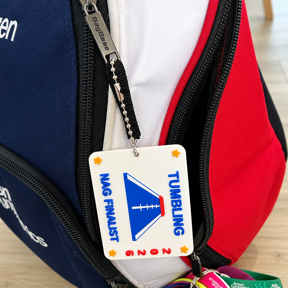 Tumbling National Age Group Finalist bag tag on a rucksack