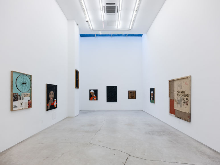 Wide installation view of Marcarson’s Negro Humour Always Escaped Me, with paintings and mixed-media works across a white gallery.