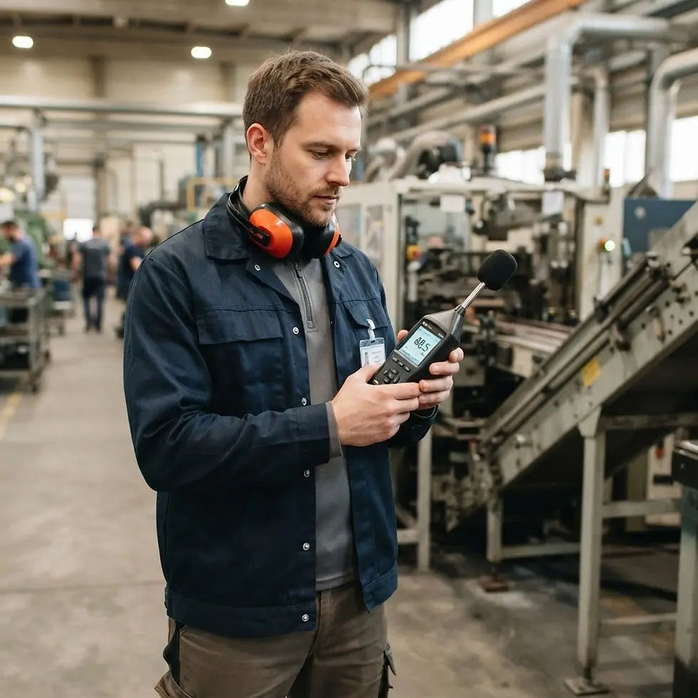 Studio photography of a man using a sound level meter in a factory. Wearing earmuffs, he is focused on the device surrounded by machinery.