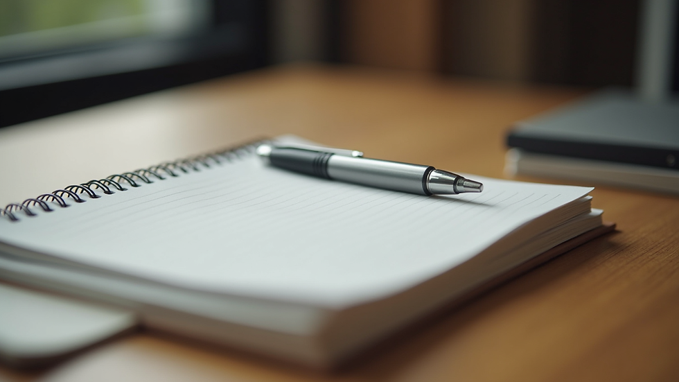 Close-up view of a notebook with a pen on a wooden table