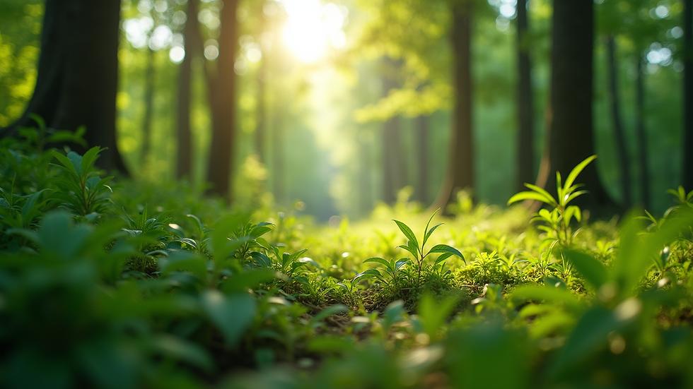 Eye-level view of a lush green forest with sunlight filtering through the leaves