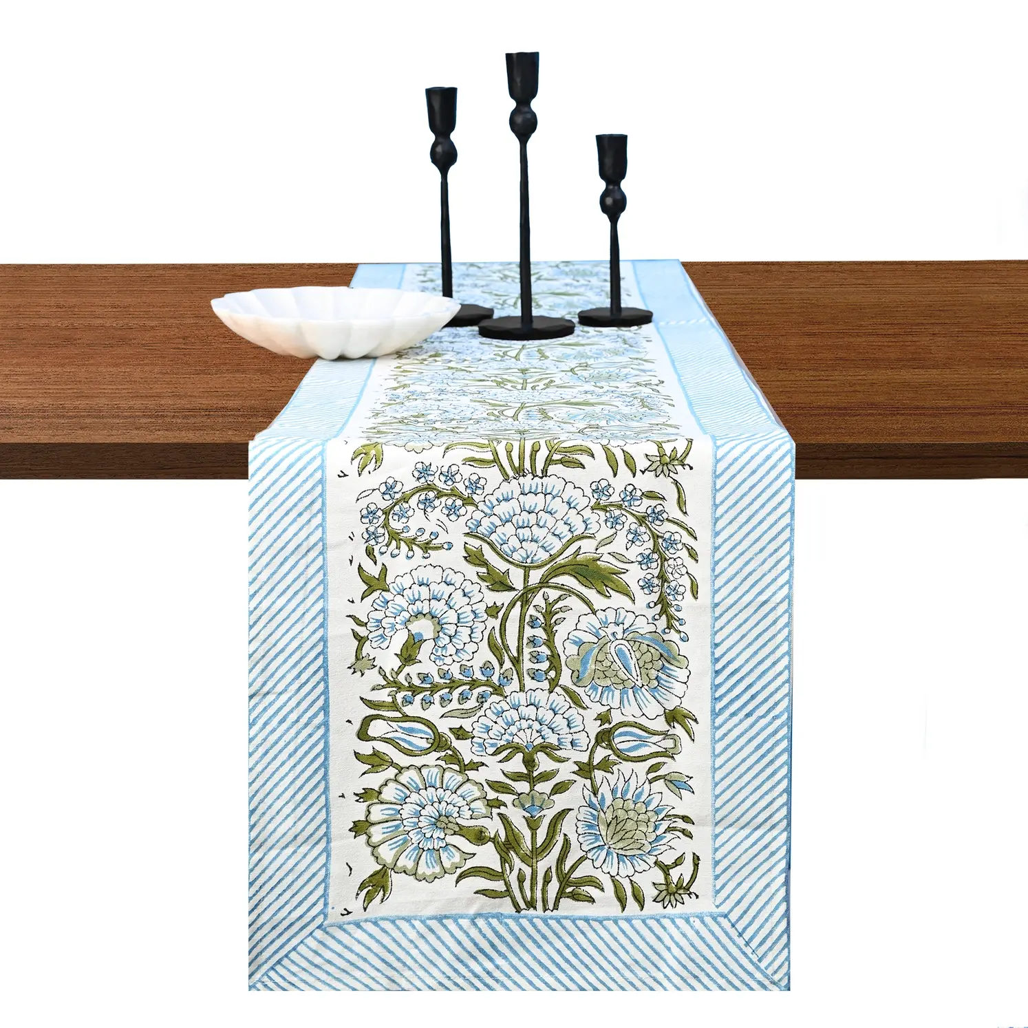 Blue Floral Cotton Table Runner Hand Blockprint