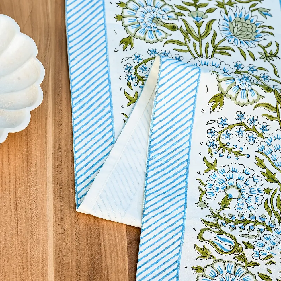 Thumbnail: Blue Floral Cotton Table Runner Hand Blockprint