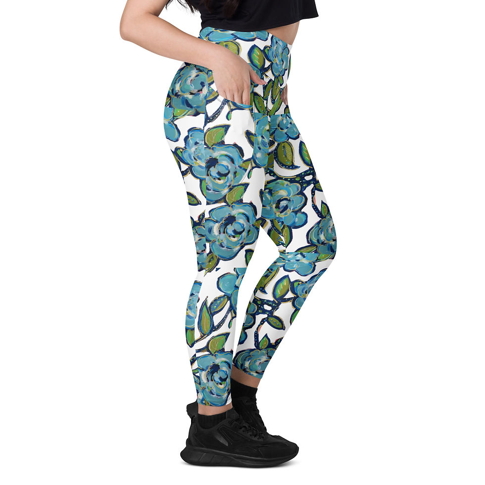 Thumbnail: Blue Roses REcycled-Poly Yoga Leggings w/Pockets