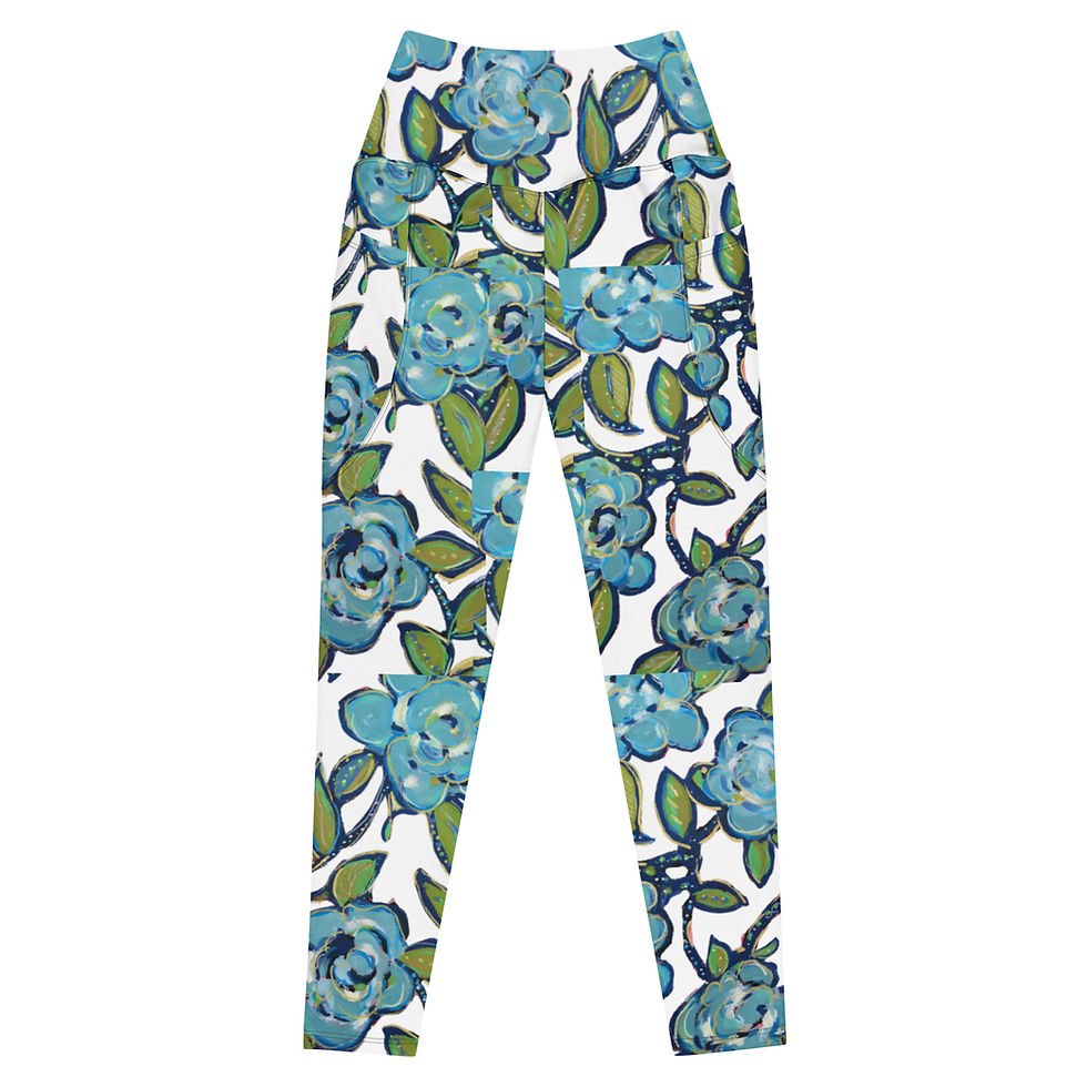 Thumbnail: Blue Roses REcycled-Poly Yoga Leggings w/Pockets