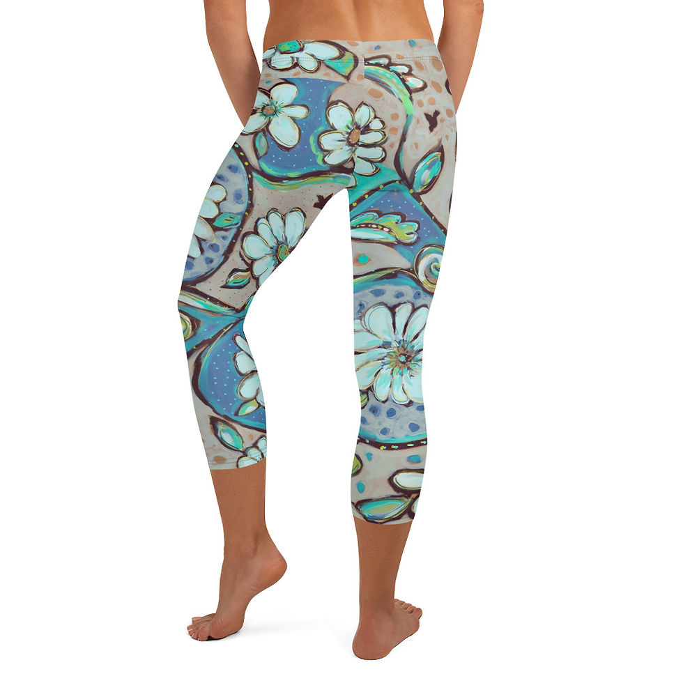 Thumbnail: Blue Damask Capri Leggings