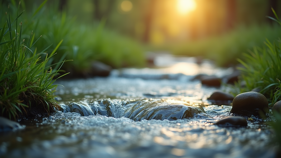 Close-up view of a peaceful nature scene with a flowing stream
