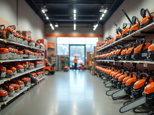 Eye-level view of a well-organized display of STIHL garden machinery at Hampshire Garden Machinery showroom