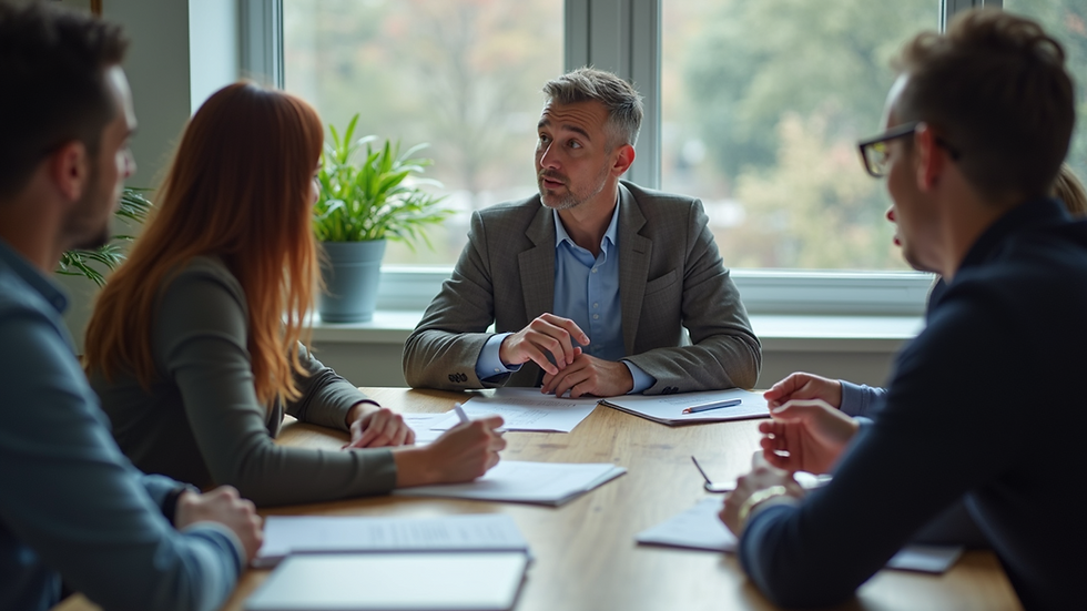 Eye-level view of a digital marketing team brainstorming around a table