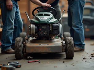 Close-up view of a well-maintained lawn mower being serviced in a workshop