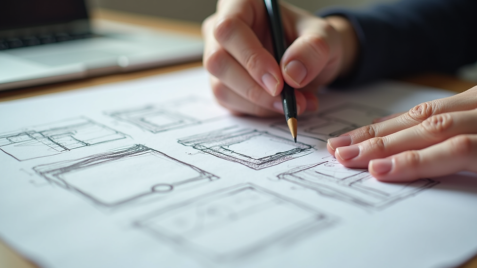 Close-up view of a designer sketching website layout on paper