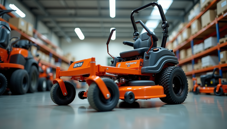 Eye-level view of a Husqvarna lawn mower displayed in a well-organized garden machinery showroom