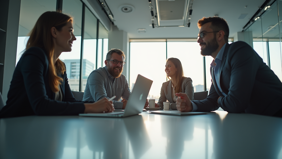 Eye-level view of a digital marketing team brainstorming in a modern office