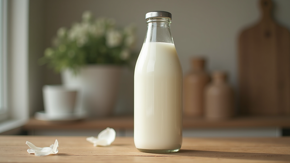 Close-up view of a bottle of donkey milk on a wooden table