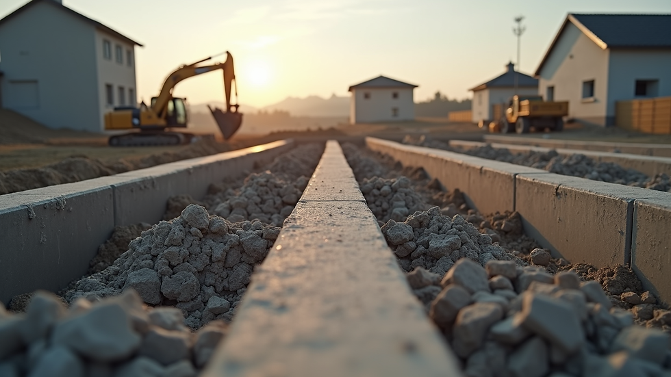 Eye-level view of a construction site with foundation being laid