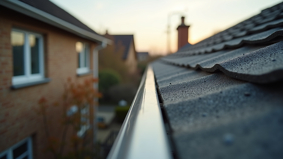 Eye-level view of clean gutters on a residential roof